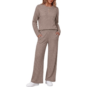 Ekouaer Womens Pajama sets Long Sleeve Cozy 2 Piece Matching Lounge Set | Comfy non-itchy ribbed knit pjs, henley neck drop shoulder loose fit, elastic waist pants with pockets, fall pjs, great gift(Brown)