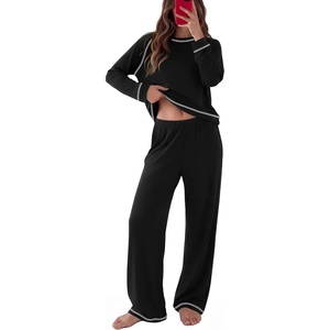 Ekouaer Womens Pajamas Long Sleeve Pjs Soft Loungewear 2 Piece Lounge Sets | Loose Pants with Pockets,Comfy Fall Winter Sleepwear(Black)