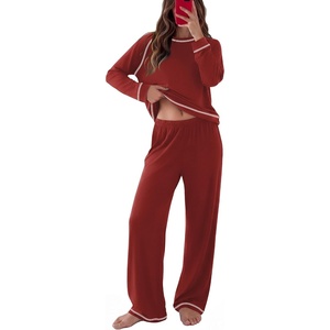 Ekouaer Womens Pajamas Long Sleeve Pjs Soft Loungewear 2 Piece Lounge Sets | Loose Pants with Pockets,Comfy Fall Winter Sleepwear(Red)