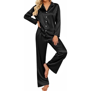 Ekouaer Women’s Satin Silk Pajamas Long Sleeve Button Up Pjs Lounge Sets | Soft 2-Piece Set, Adjustable Drawstring Waistband, Side Pockets, Ideal for Sleep, Lounging, Party(Black)