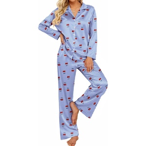 Ekouaer Women’s Satin Silk Pajamas Long Sleeve Button Up Pjs Lounge Sets | Soft 2-Piece Set, Adjustable Drawstring Waistband, Side Pockets, Ideal for Sleep, Lounging, Party(Blue Plaid Cherry)