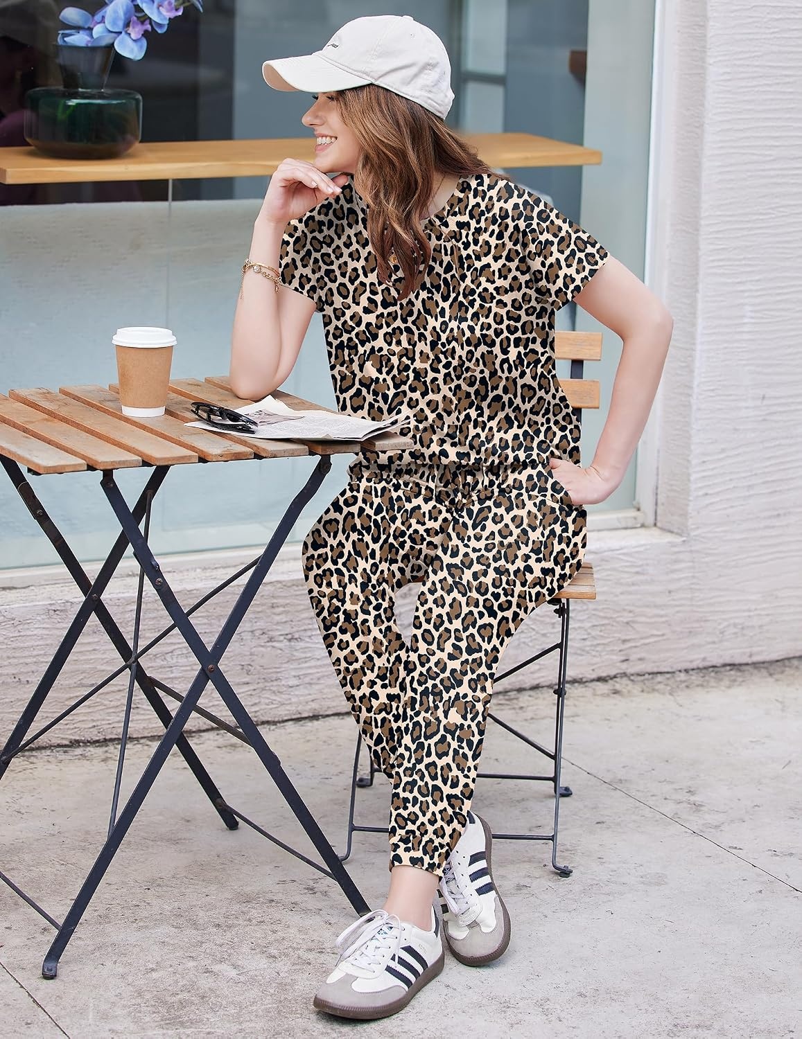 image:imageEkouaer Womens 2 Piece Cotton Pajamas Sets Short Sleeve Jogger Lounge Sets Soft breathable cotton fabric relaxed fit Matching Set for TravelVacationAirportHomeSportWorkout