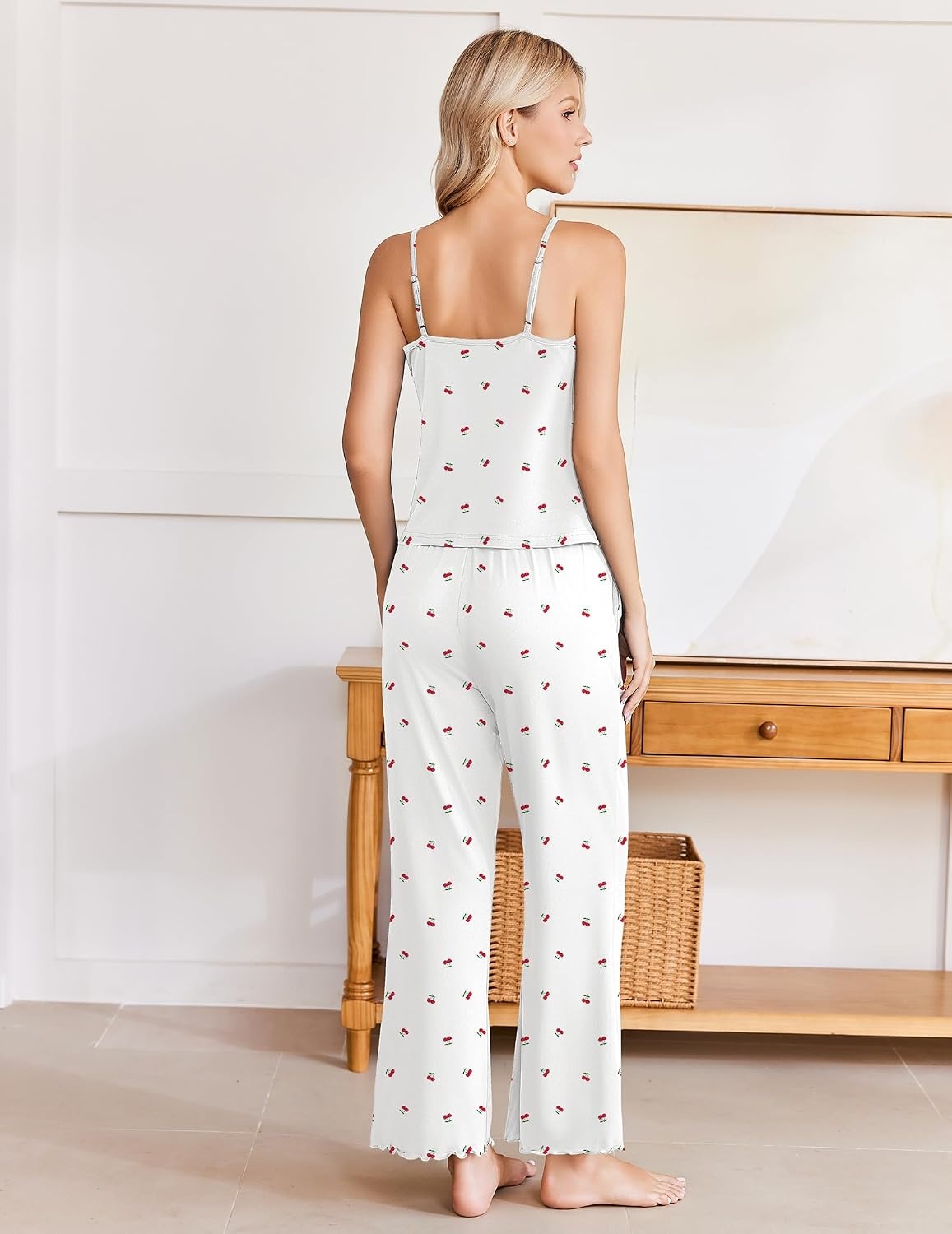 image:imageEkouaer Womens Cami Pajamas Set Y2K 2 Piece Lace Trim PJs Set Sleepwear Buttery SoftLoungewearAdjustable Spaghetti StrapsSide PocketsTrendy Cami SleepwearLoungingVacationXS2XLCherryred