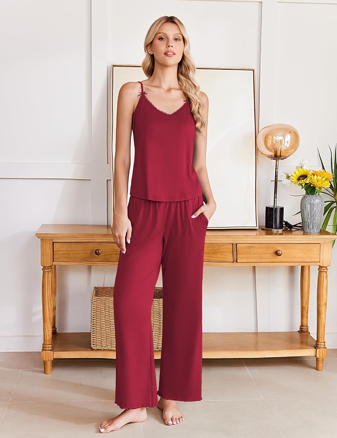 image:imageEkouaer Womens Cami Pajamas Set Y2K 2 Piece Lace Trim PJs Set Sleepwear Buttery SoftLoungewearAdjustable Spaghetti StrapsSide PocketsTrendy Cami SleepwearLoungingVacationXS2XLDeep Red