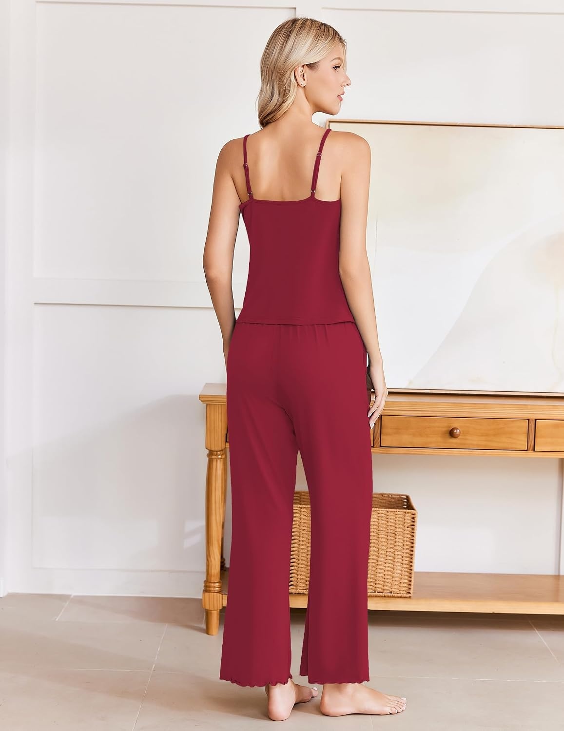 image:imageEkouaer Womens Cami Pajamas Set Y2K 2 Piece Lace Trim PJs Set Sleepwear Buttery SoftLoungewearAdjustable Spaghetti StrapsSide PocketsTrendy Cami SleepwearLoungingVacationXS2XLDeep Red