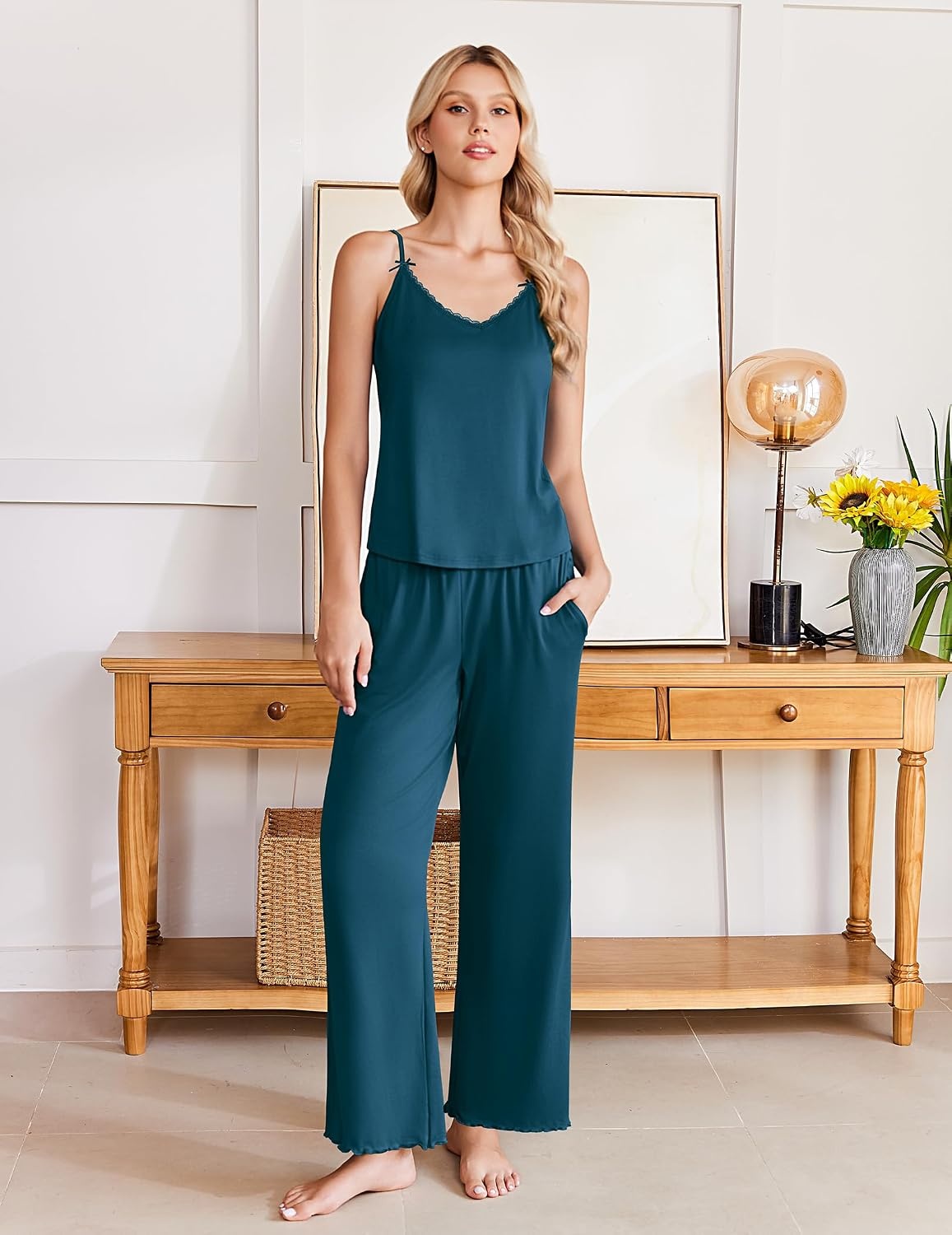 image:imageEkouaer Womens Cami Pajamas Set Y2K 2 Piece Lace Trim PJs Set Sleepwear Buttery SoftLoungewearAdjustable Spaghetti StrapsSide PocketsTrendy Cami SleepwearLoungingVacationXS2XLBlue Green