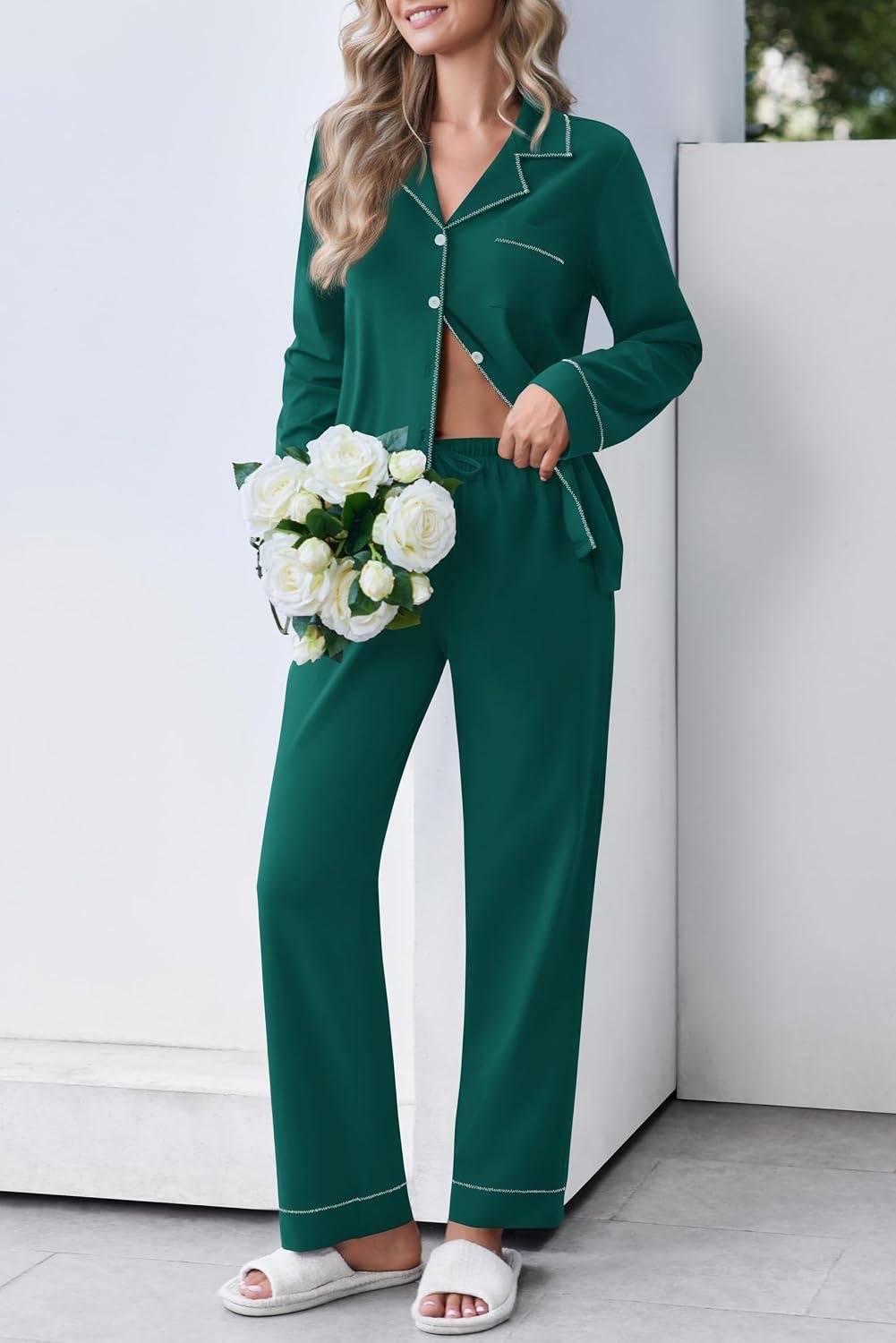 image:imageEkouaer Womens Pajama Set Cotton PJs Long Sleeve Top amp Pant Soft Loungewear Cute Scalloped Trim Cotton FabricClassic Button DownSoft Printed Lounge Sets for Daily WearSleepingPostpartumGreen
