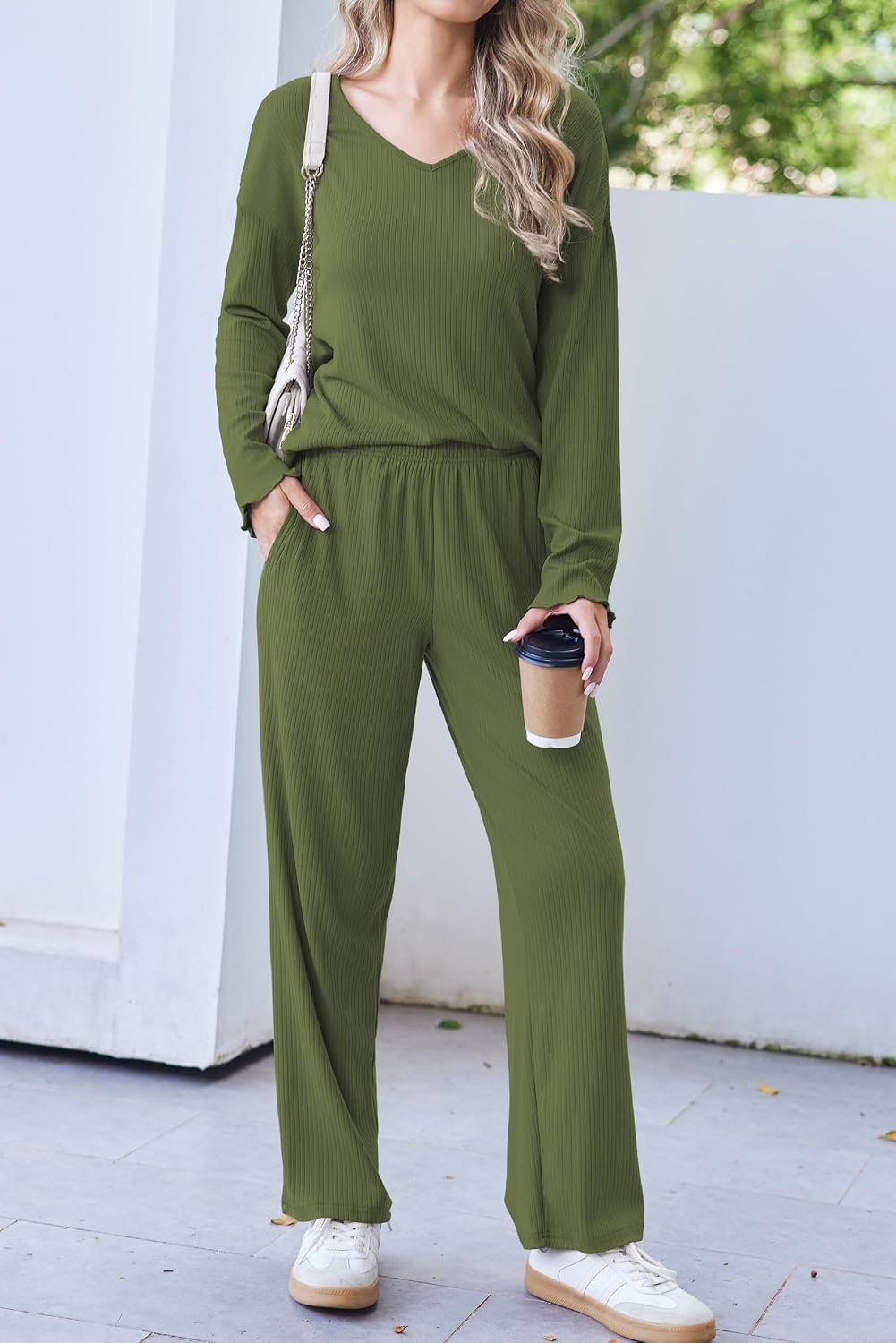 image:imageEkouaer Womens Pajama Set Ribbed Knit PJs Comfy Long Sleeve Top and PantsArmy Green