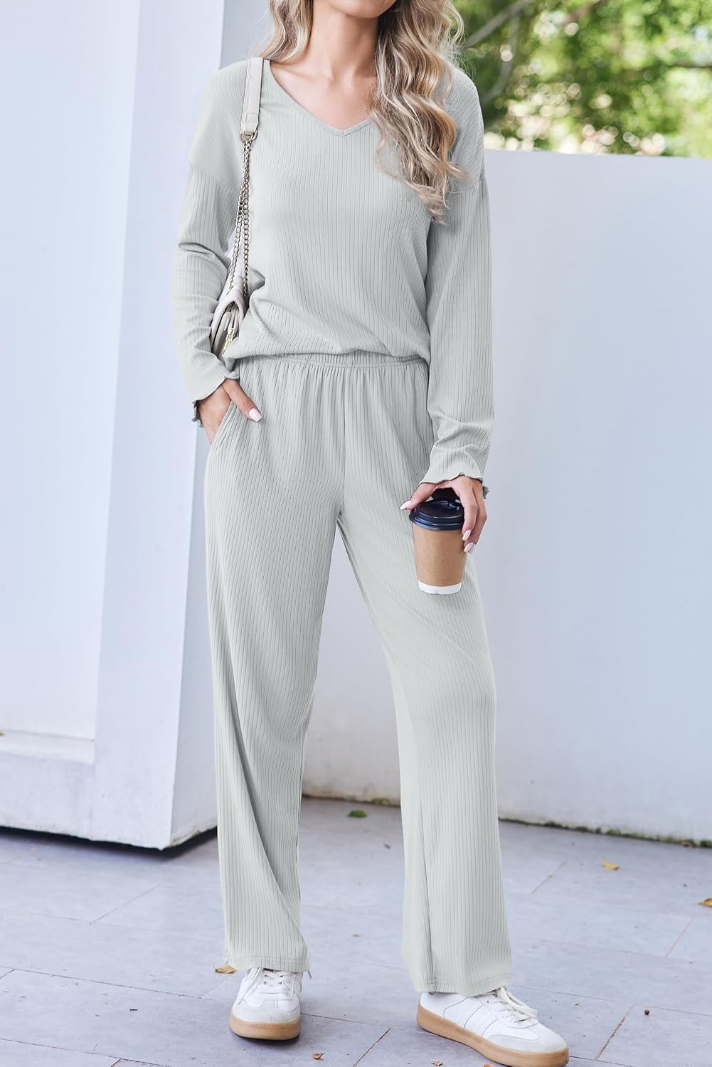 image:imageEkouaer Womens Pajama Set Ribbed Knit PJs Comfy Long Sleeve Top and PantsLight Grey