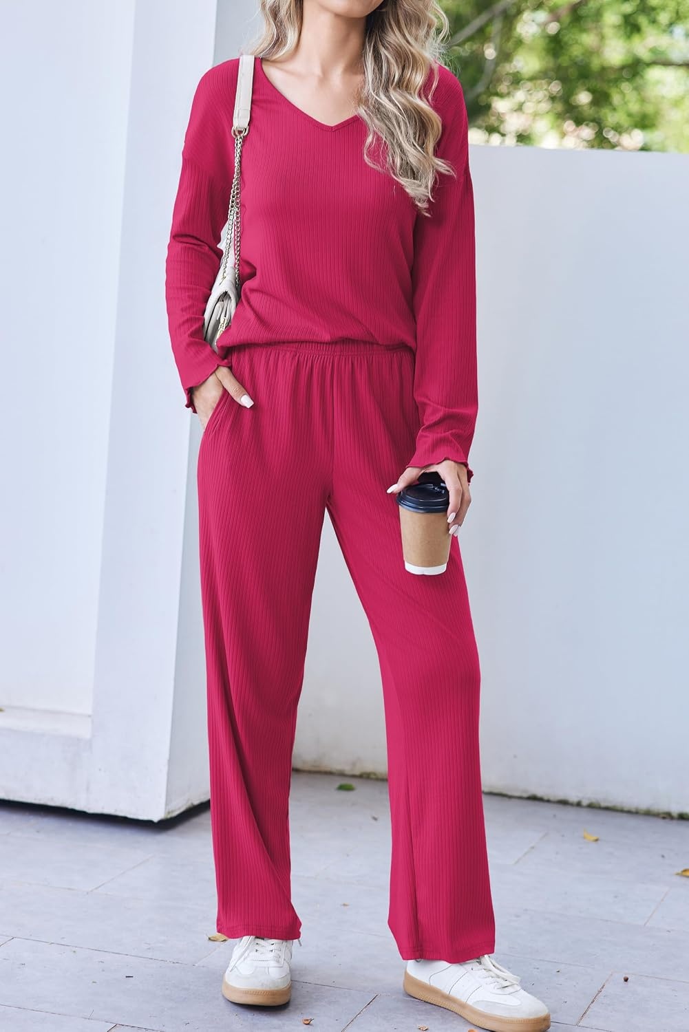 image:imageEkouaer Womens Pajama Set Ribbed Knit PJs Comfy Long Sleeve Top and PantsRose Red