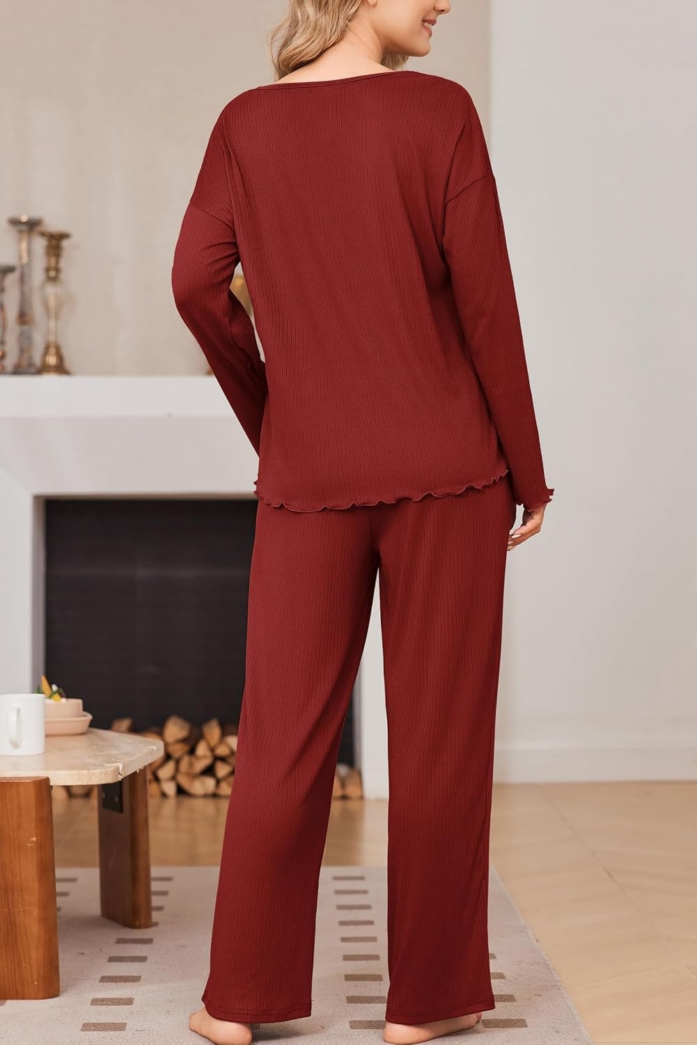 image:imageEkouaer Womens Pajama Set Ribbed Knit PJs Comfy Long Sleeve Top and PantsRose Red