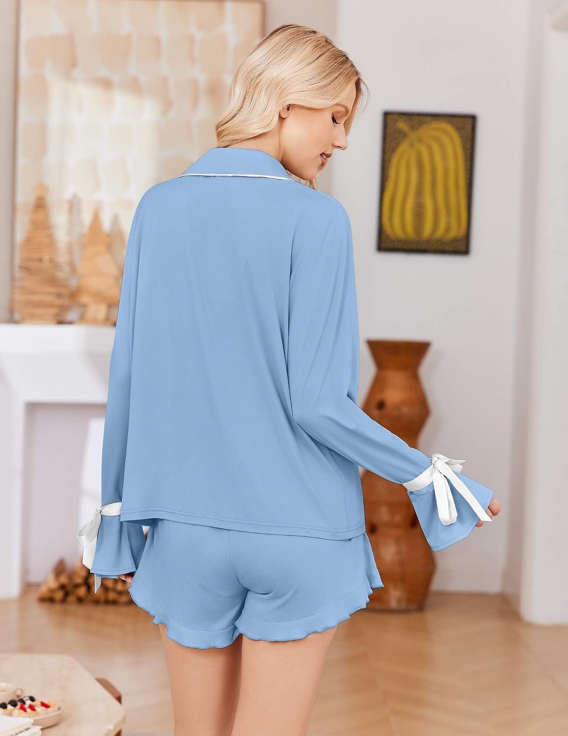 image:imageEkouaer Womens Pajamas Long Sleeve and Shorts Cute Ruffle Pjs Lounge Set Button Down Notch Collar SleepwearComfy Soft Loungewearfor Bridal BridesmaidGiftDailyXSXXLLight Blue