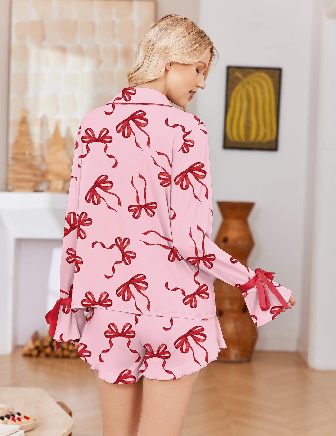 image:imageEkouaer Womens Pajamas Long Sleeve and Shorts Cute Ruffle Pjs Lounge Set Button Down Notch Collar SleepwearComfy Soft Loungewearfor Bridal BridesmaidGiftDailyXSXXLPink Bow