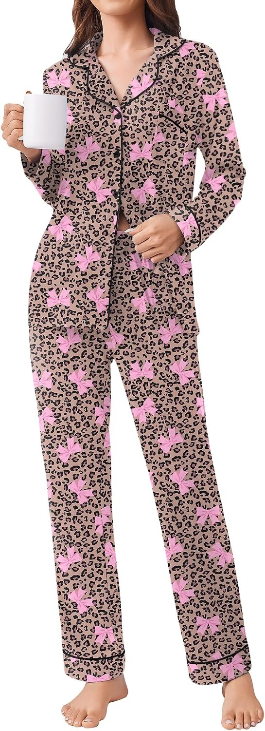 image:imageEkouaer Womens Pajamas Set Button Down Long Sleeve Top amp Pants Lounge Sets Soft Sleepwear Classic notch collar ideal for Home relaxation Wedding Party Daily Wear amp BreastfeedingLeopard Bow