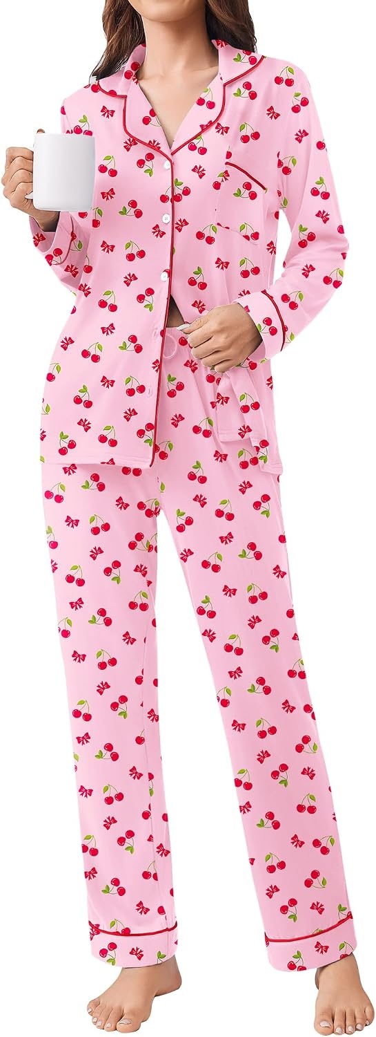 image:imageEkouaer Womens Pajamas Set Button Down Long Sleeve Top amp Pants Lounge Sets Soft Sleepwear Classic notch collar ideal for Home relaxation Wedding Party Daily Wear amp BreastfeedingPink Cherry