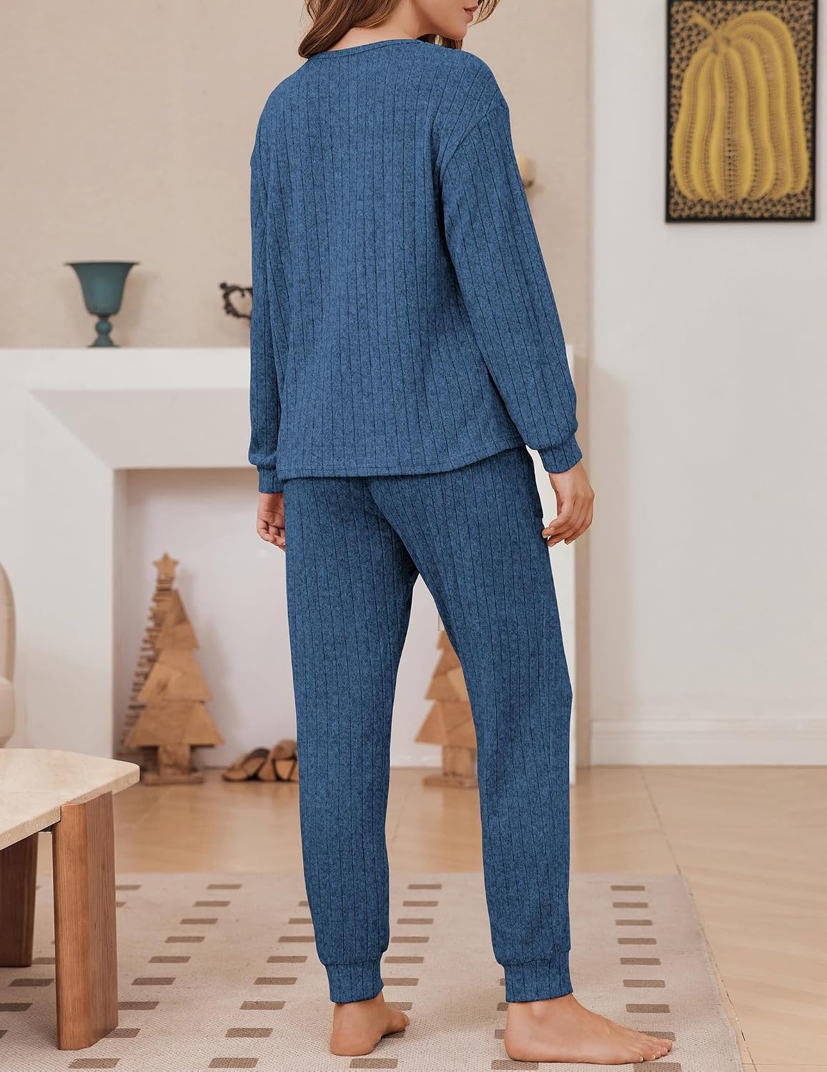 image:imageEkouaer Womens Pajamas Set Knit Pjs Long Sleeve Lounge Set Soft Loungewear Jogger PantsCasual Lounge SetsComfy Pjs Long Sleeve Knit Ribbed Fall Winter Sleepwear with PocketsGrayish Blue