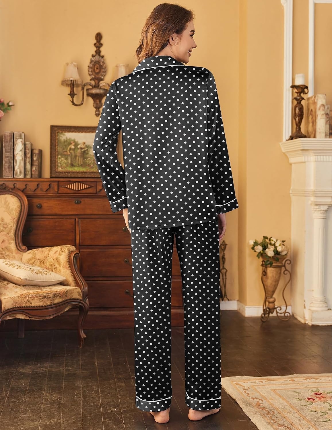 image:imageEkouaer Womens Satin Silky Pajama Set Classic Pattern Button Down Pjs Set Soft Fabric Long Sleeve Notch Collar with Contrast Piping Chest Pocket Gifting SleepwearBlack Dots 03
