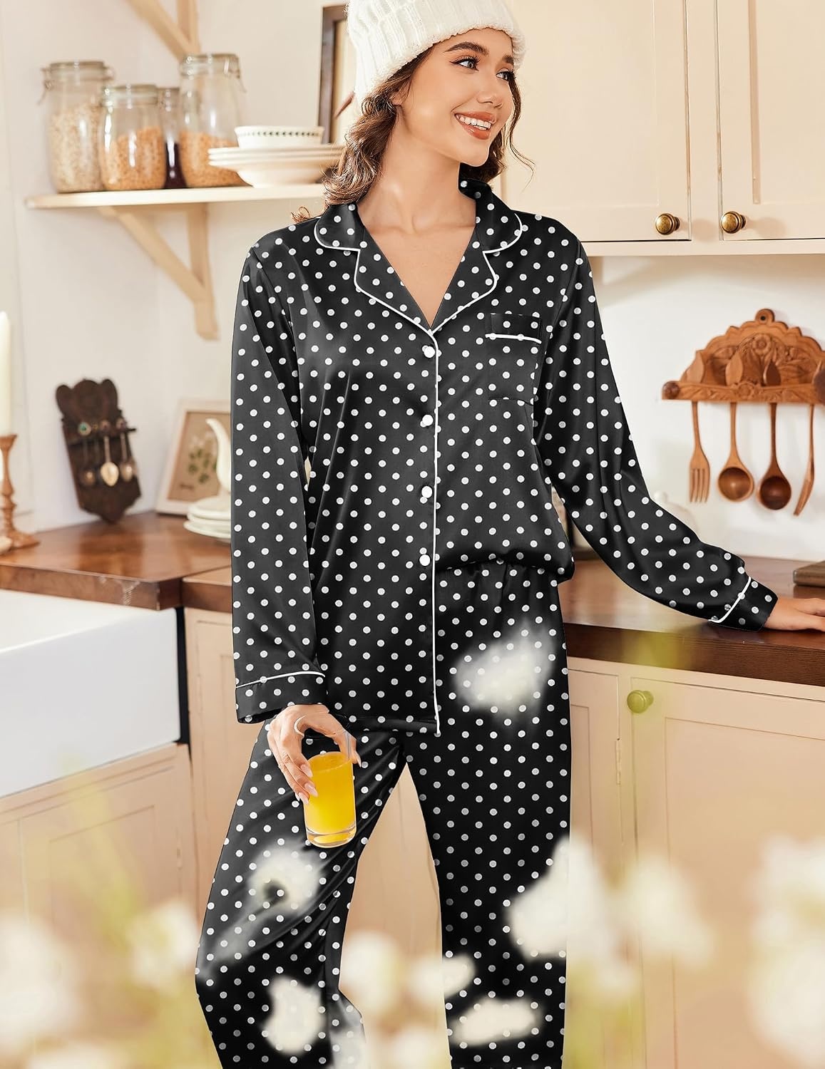image:imageEkouaer Womens Satin Silky Pajama Set Classic Pattern Button Down Pjs Set Soft Fabric Long Sleeve Notch Collar with Contrast Piping Chest Pocket Gifting SleepwearBlack Dots 03