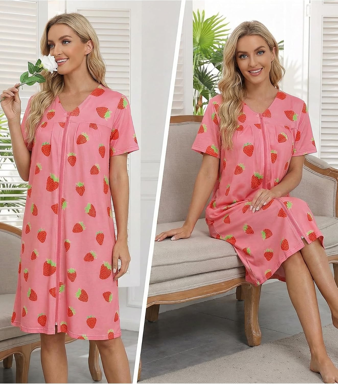 image:imageEkouaer Zipper Robes for Women Short Knit Lightweight Bathrobe with Pockets Short Sleeve Two Pockets Zip Up Robes House Coats for Women Soft Lightweight Fabric Sleepwear Travel AirportPink Strawberry