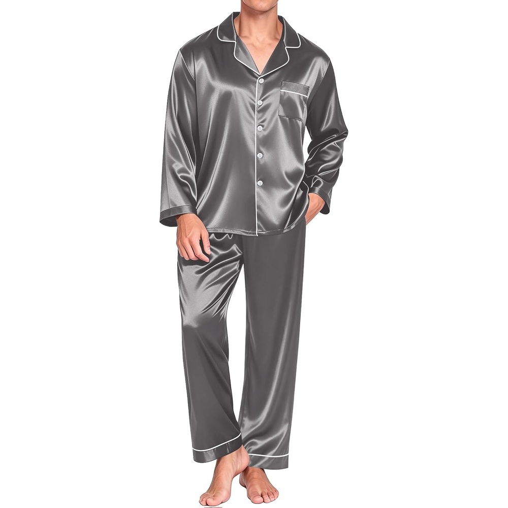 image:imageEkouaer Mens Pajamas Set Silk Satin Sleepwear Long Sleeve Button Down Pjs  Comfy Long Pants Lounge Set with PocketsClassic Notch CollarCozy 2 Piece Sleep SetDailyGiftDark Grey