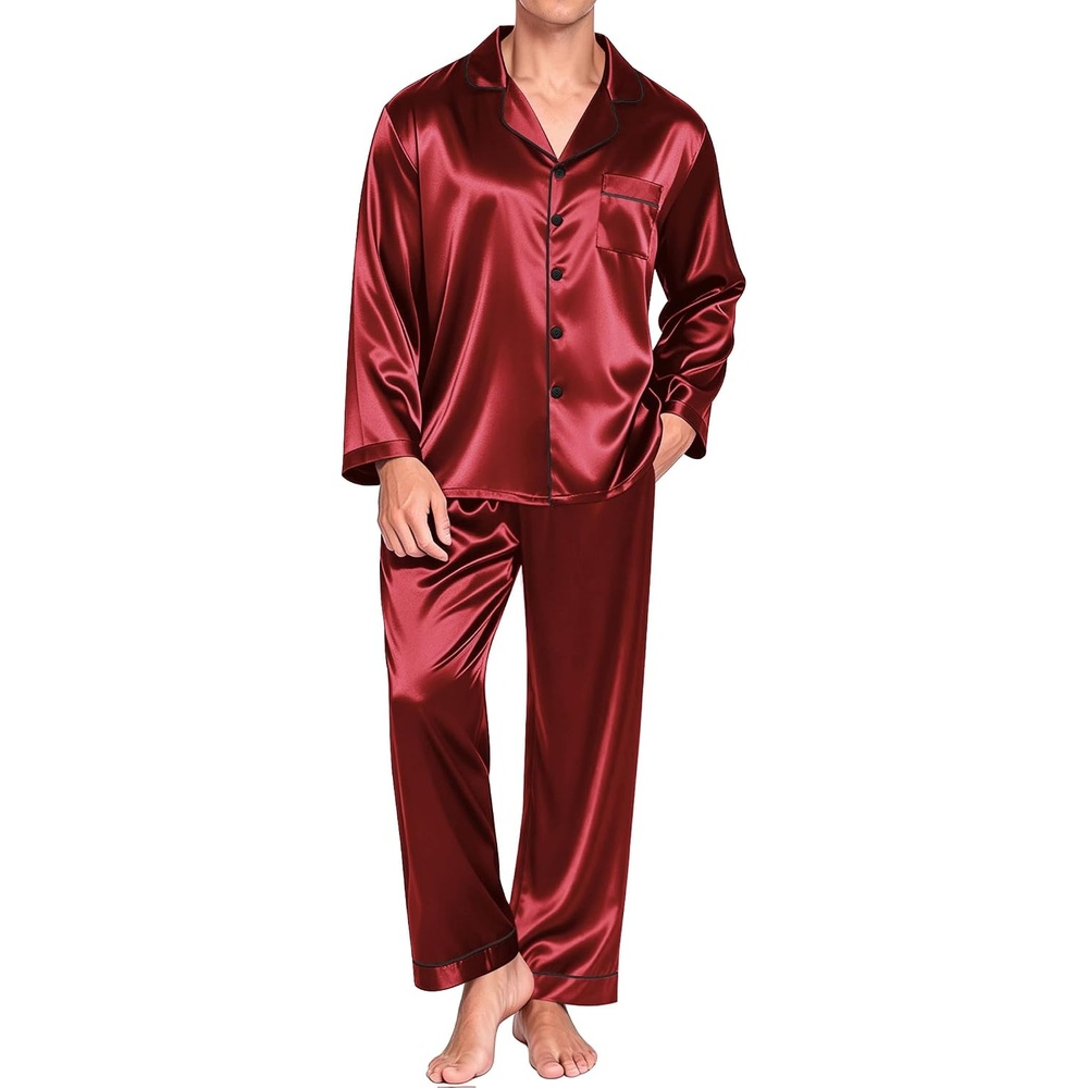 image:imageEkouaer Mens Pajamas Set Silk Satin Sleepwear Long Sleeve Button Down Pjs Comfy Long Pants Lounge Set with PocketsClassic Notch CollarCozy 2 Piece Sleep SetDailyGiftWine