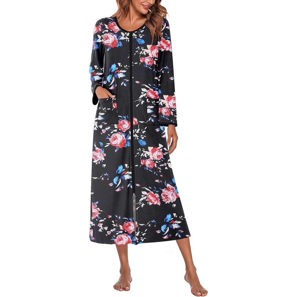 image:imageEkouaer Women Robe Zipper House Coat Full Length Nightgowns with Pockets Pockets V Neck Soft and ComfyBlack Floral