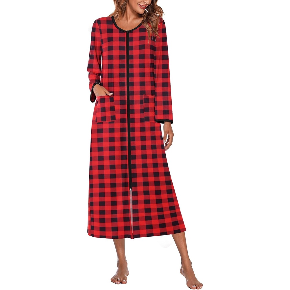 image:imageEkouaer Women Robe Zipper House Coat Full Length Nightgowns with Pockets Pockets V Neck Soft and ComfyBlack and Red Plaid