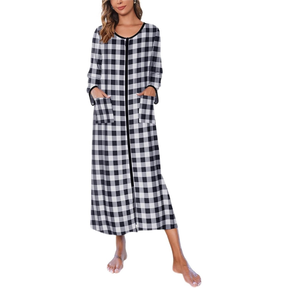 image:imageEkouaer Women Robe Zipper House Coat Full Length Nightgowns with Pockets Pockets V Neck Soft and ComfyBlack and White Plaid