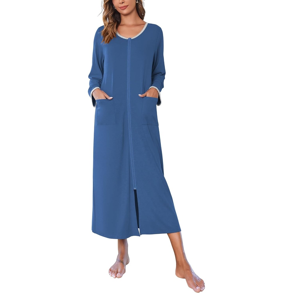 image:imageEkouaer Women Robe Zipper House Coat Full Length Nightgowns with Pockets Pockets V Neck Soft and ComfyBlue