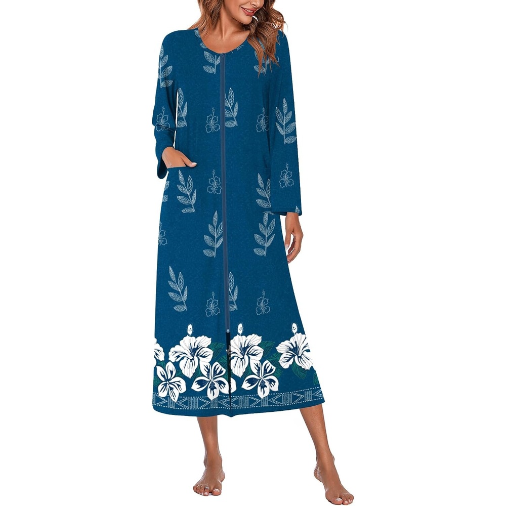 image:imageEkouaer Women Robe Zipper House Coat Full Length Nightgowns with Pockets Pockets V Neck Soft and ComfyBlue White Floral
