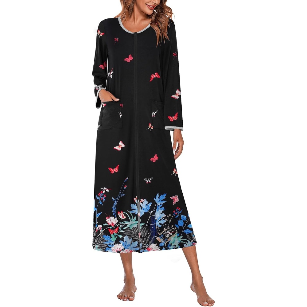 image:imageEkouaer Women Robe Zipper House Coat Full Length Nightgowns with Pockets Pockets V Neck Soft and ComfyColorful Butterfly