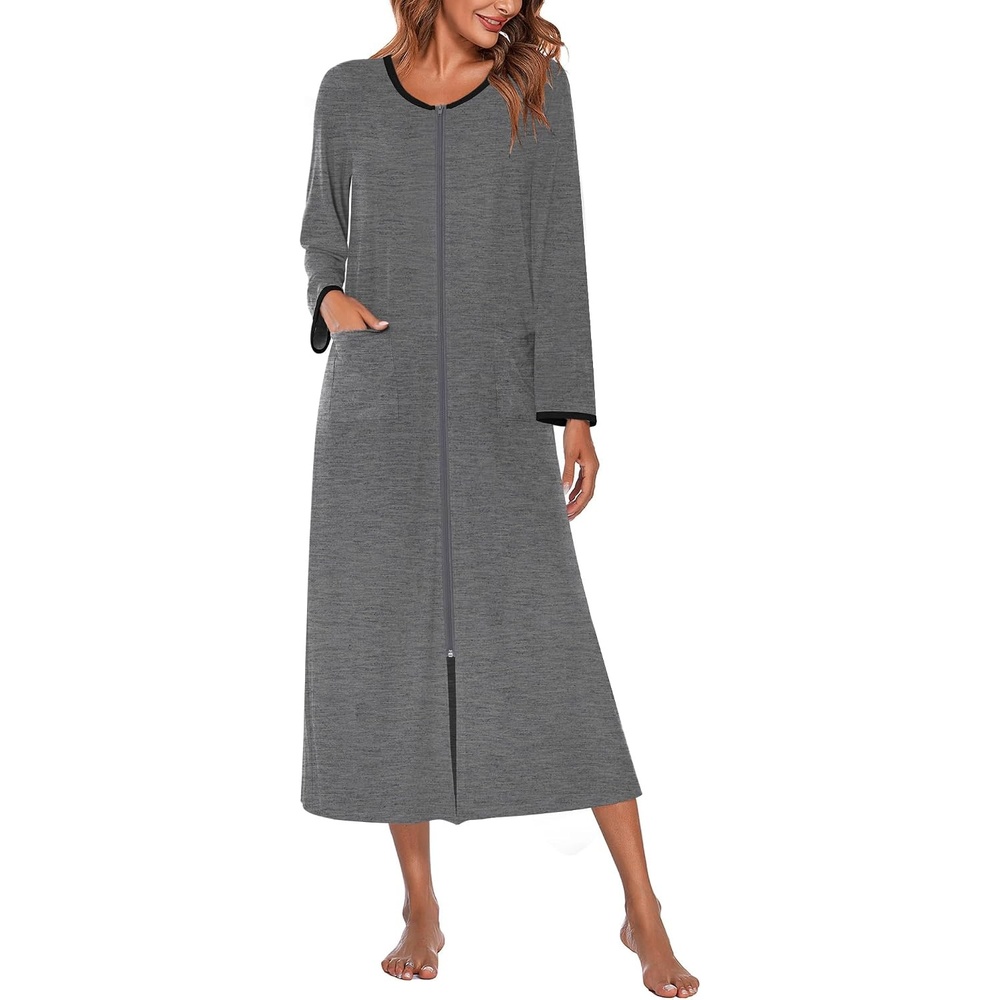image:imageEkouaer Women Robe Zipper House Coat Full Length Nightgowns with Pockets Pockets V Neck Soft and ComfyDark Grey