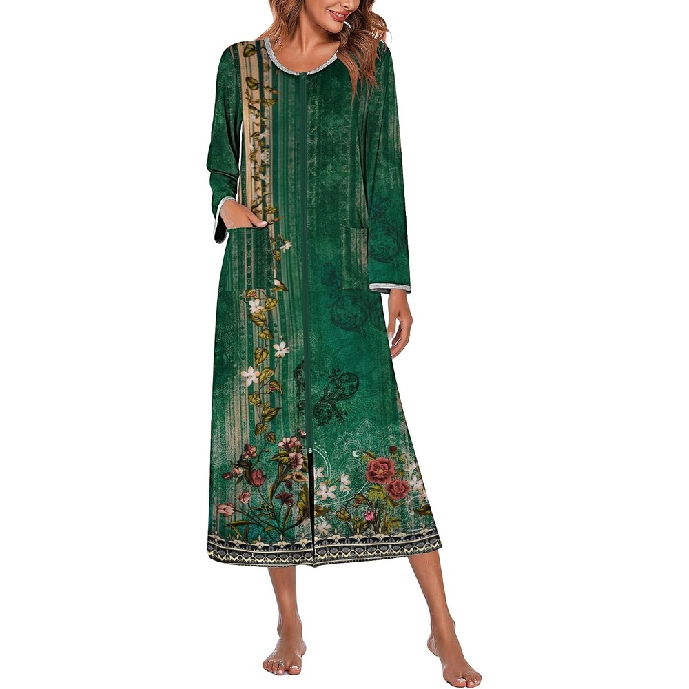 image:imageEkouaer Women Robe Zipper House Coat Full Length Nightgowns with Pockets Pockets V Neck Soft and ComfyGreen Ethnic Print