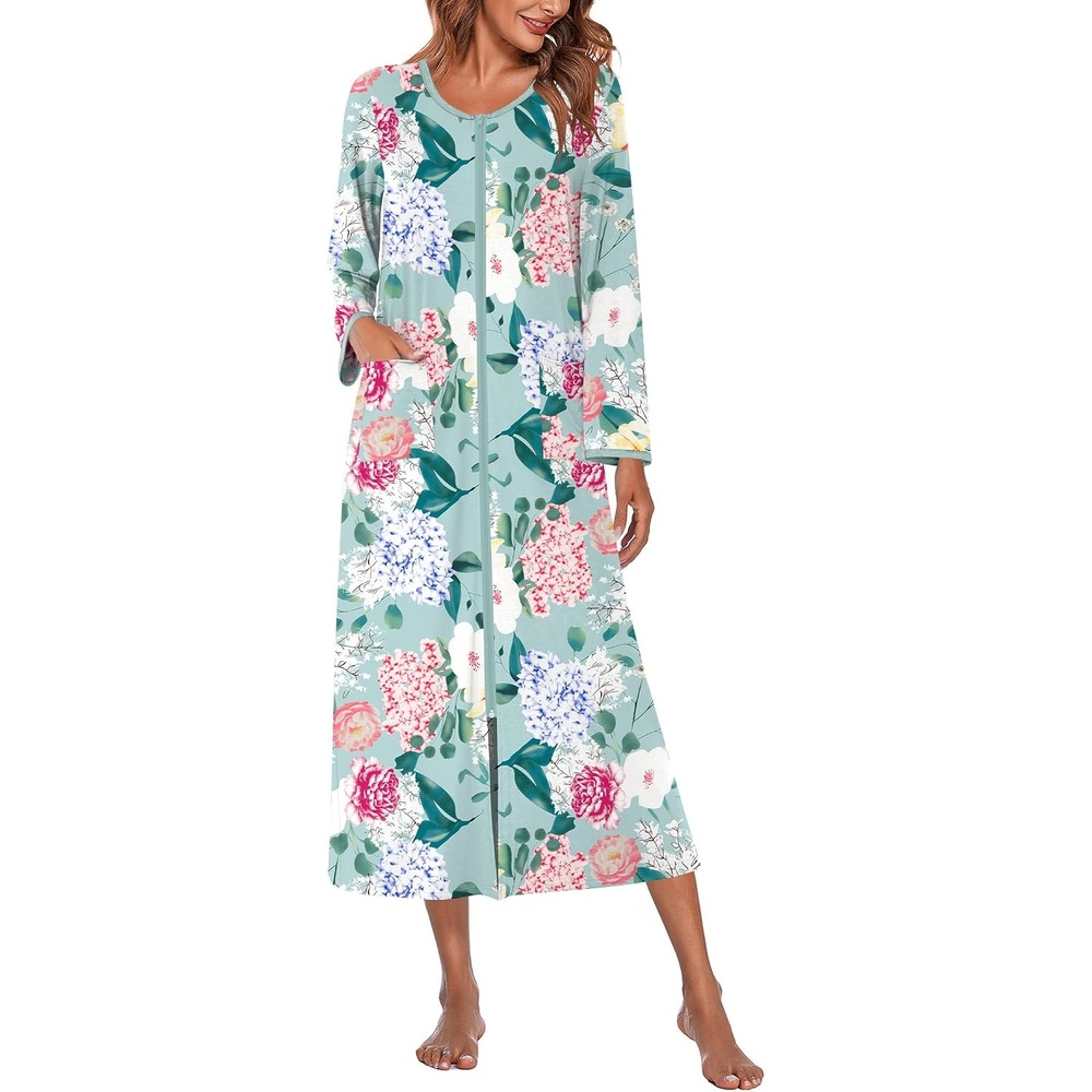 image:imageEkouaer Women Robe Zipper House Coat Full Length Nightgowns with Pockets Pockets V Neck Soft and ComfyGreen Floral