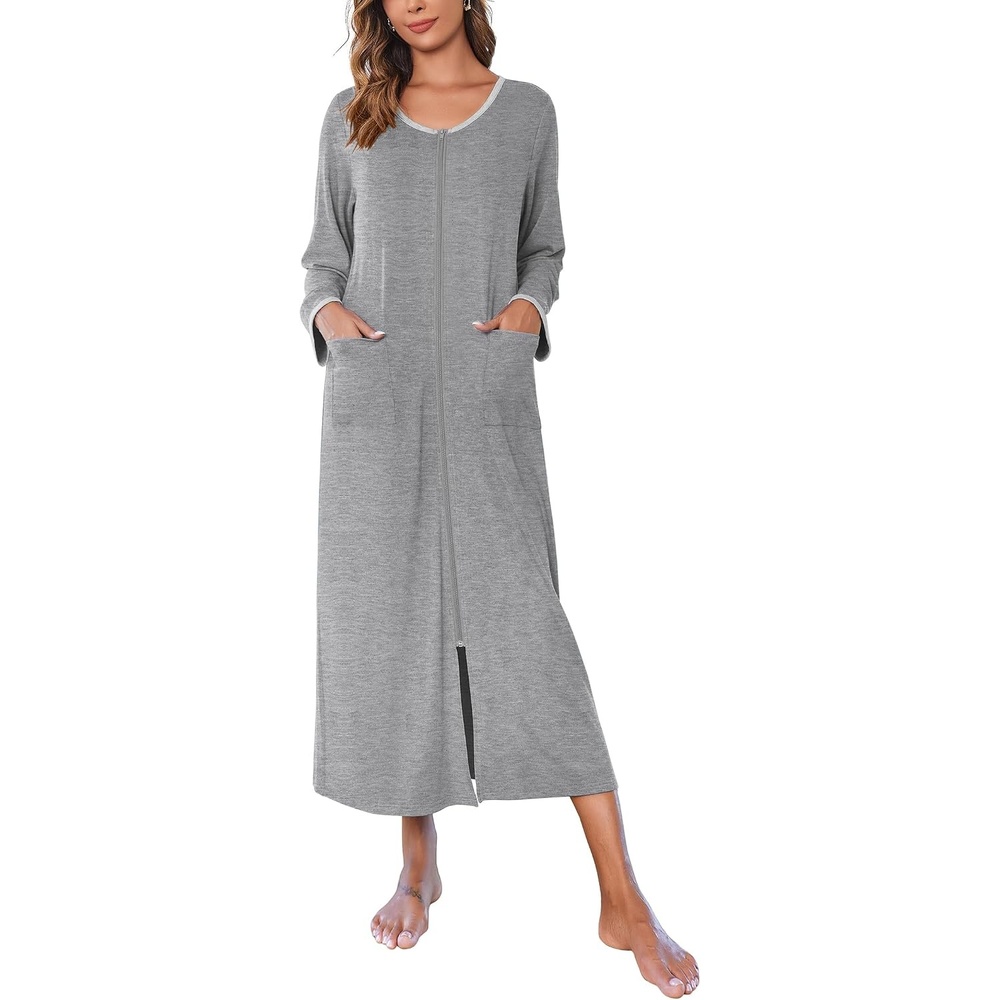 image:imageEkouaer Women Robe Zipper House Coat Full Length Nightgowns with Pockets Pockets V Neck Soft and ComfyLight Grey