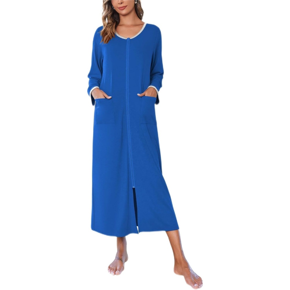 image:imageEkouaer Women Robe Zipper House Coat Full Length Nightgowns with Pockets Pockets V Neck Soft and ComfyNavy