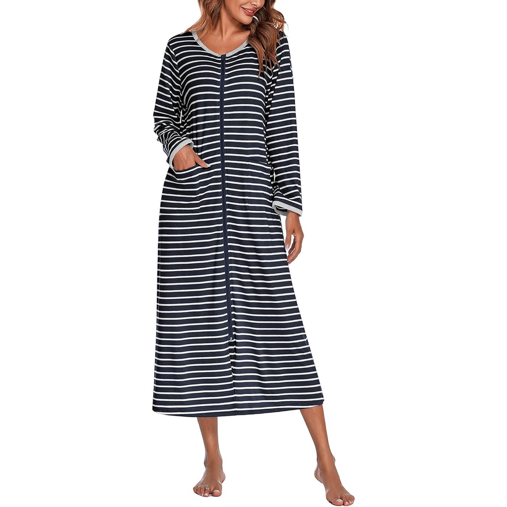 image:imageEkouaer Women Robe Zipper House Coat Full Length Nightgowns with Pockets Pockets V Neck Soft and ComfyNavy Blue Stripes