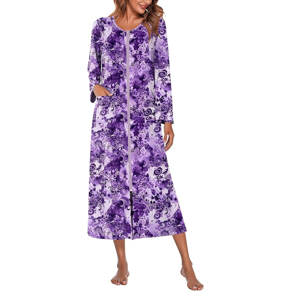 image:imageEkouaer Women Robe Zipper House Coat Full Length Nightgowns with Pockets  Pockets V Neck Soft and ComfyPurple Floral