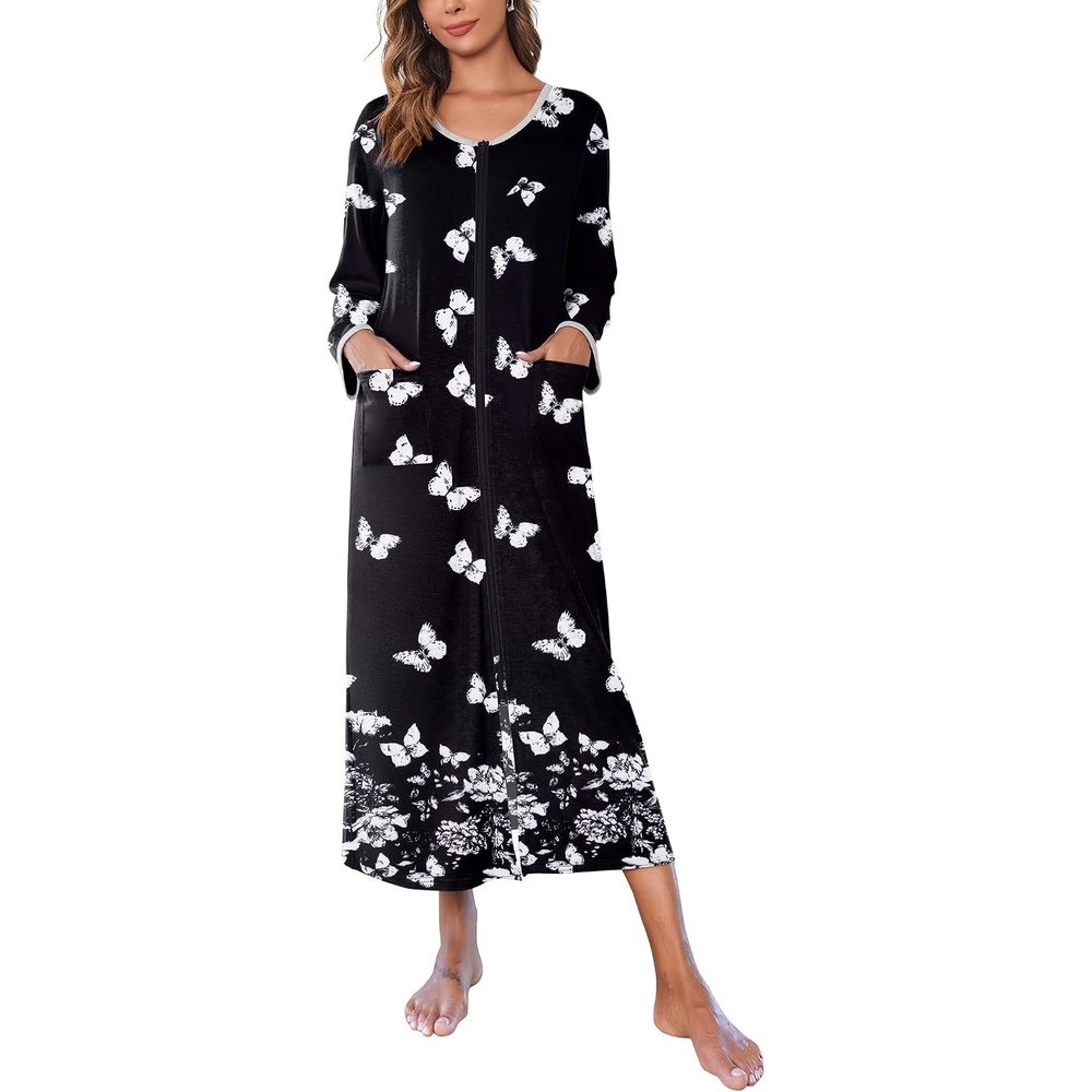 image:imageEkouaer Women Robe Zipper House Coat Full Length Nightgowns with Pockets Pockets V Neck Soft and ComfyWhite Butterfly