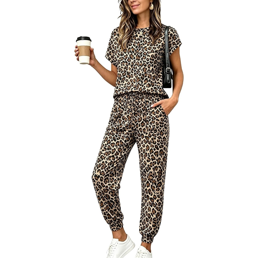 image:imageEkouaer Womens 2 Piece Cotton Pajamas Sets Short Sleeve Jogger Lounge Sets  Soft breathable cotton fabric relaxed fit Matching Set for TravelVacationAirportHomeSportWorkout