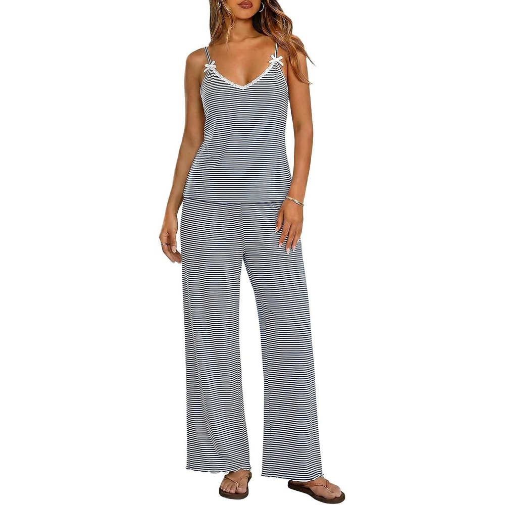 image:imageEkouaer Womens Cami Pajamas Set Y2K 2 Piece Lace Trim PJs Set Sleepwear Buttery SoftLoungewearAdjustable Spaghetti StrapsSide PocketsTrendy Cami SleepwearLoungingVacationXS2XLStripe Blue White