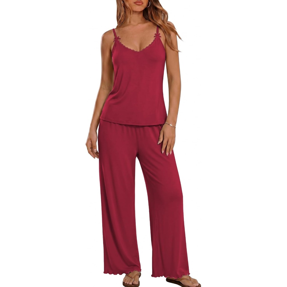image:imageEkouaer Womens Cami Pajamas Set Y2K 2 Piece Lace Trim PJs Set Sleepwear Buttery SoftLoungewearAdjustable Spaghetti StrapsSide PocketsTrendy Cami SleepwearLoungingVacationXS2XLDeep Red