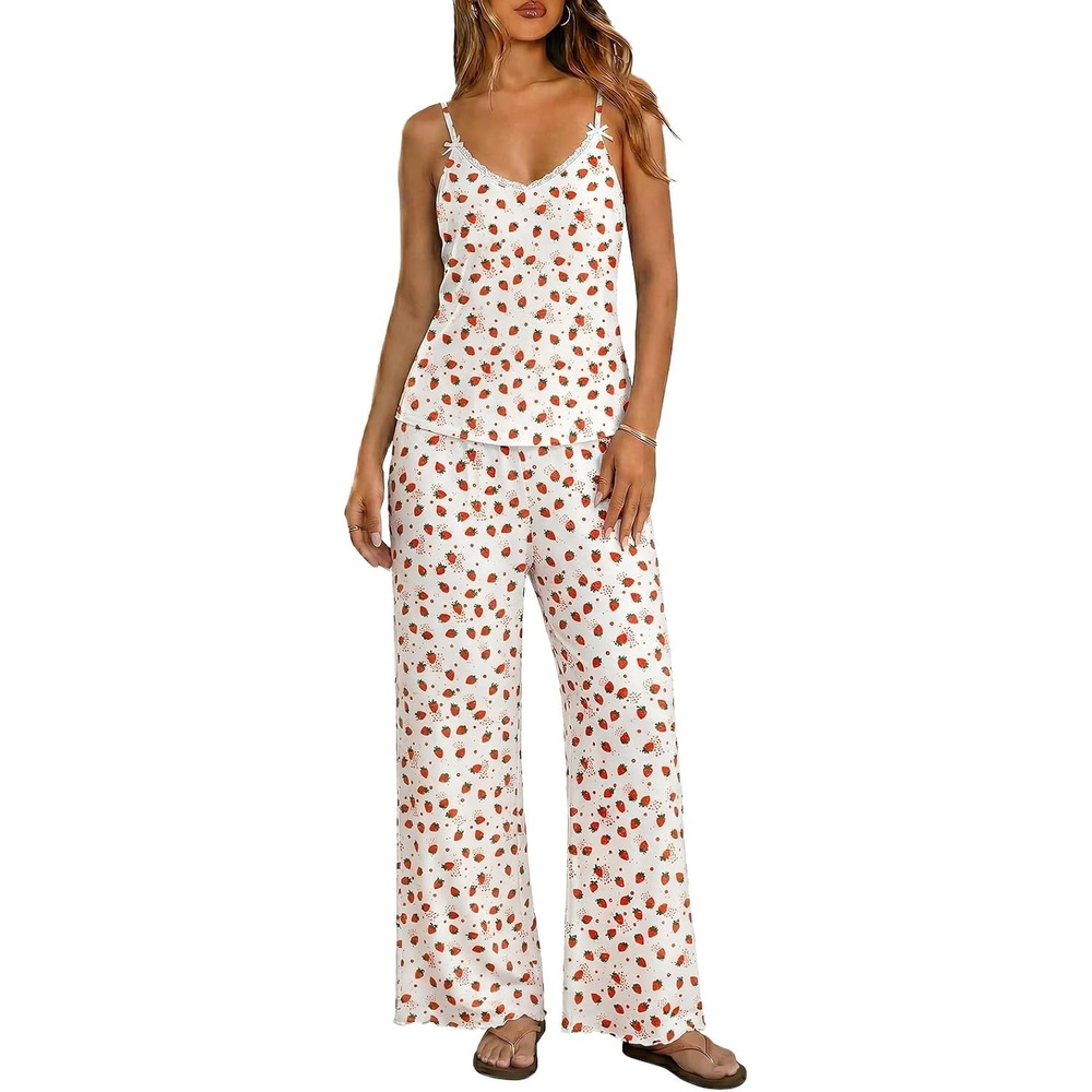 image:imageEkouaer Womens Cami Pajamas Set Y2K 2 Piece Lace Trim PJs Set Sleepwear Buttery SoftLoungewearAdjustable Spaghetti StrapsSide PocketsTrendy Cami SleepwearLoungingVacationXS2XLStrawberrywhite