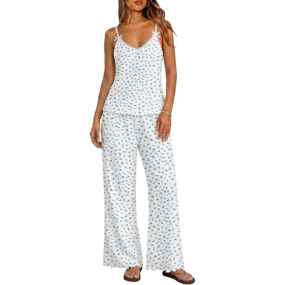 image:imageEkouaer Womens Cami Pajamas Set Y2K 2 Piece Lace Trim PJs Set Sleepwear Buttery SoftLoungewearAdjustable Spaghetti StrapsSide PocketsTrendy Cami SleepwearLoungingVacationXS2XLFlowers White