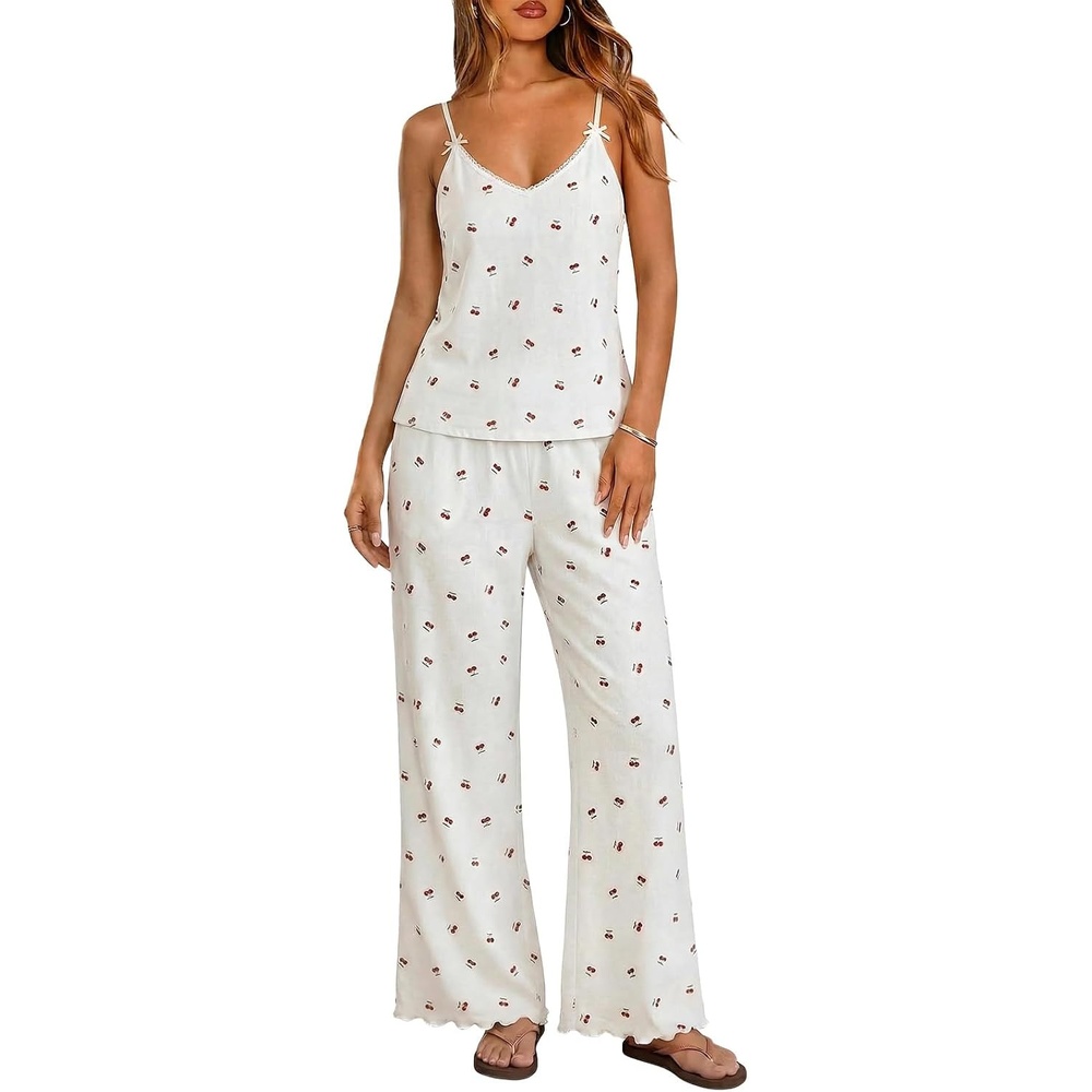 image:imageEkouaer Womens Cami Pajamas Set Y2K 2 Piece Lace Trim PJs Set Sleepwear Buttery SoftLoungewearAdjustable Spaghetti StrapsSide PocketsTrendy Cami SleepwearLoungingVacationXS2XLCherryred