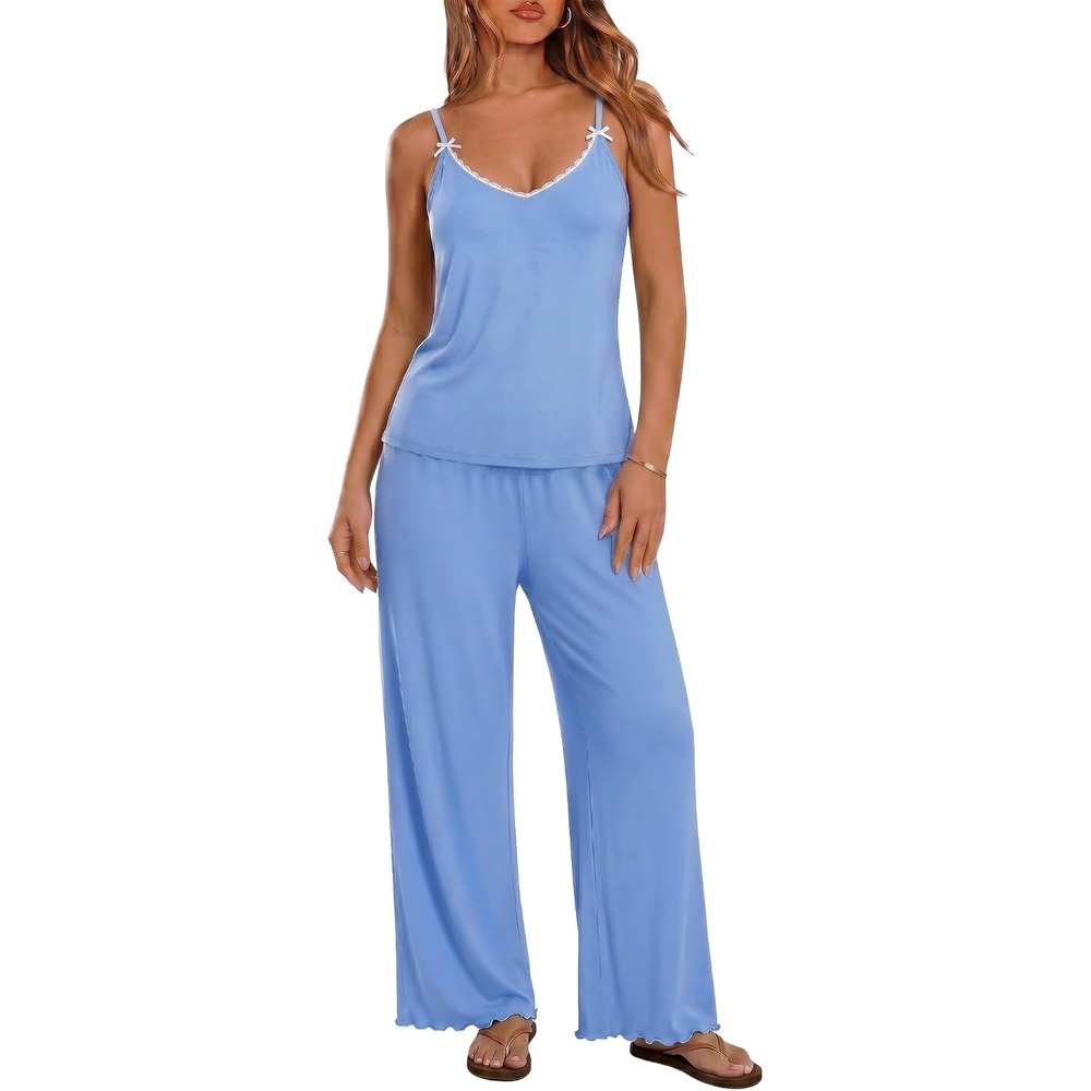 image:imageEkouaer Womens Cami Pajamas Set Y2K 2 Piece Lace Trim PJs Set Sleepwear Buttery SoftLoungewearAdjustable Spaghetti StrapsSide PocketsTrendy Cami SleepwearLoungingVacationXS2XLLight Blue