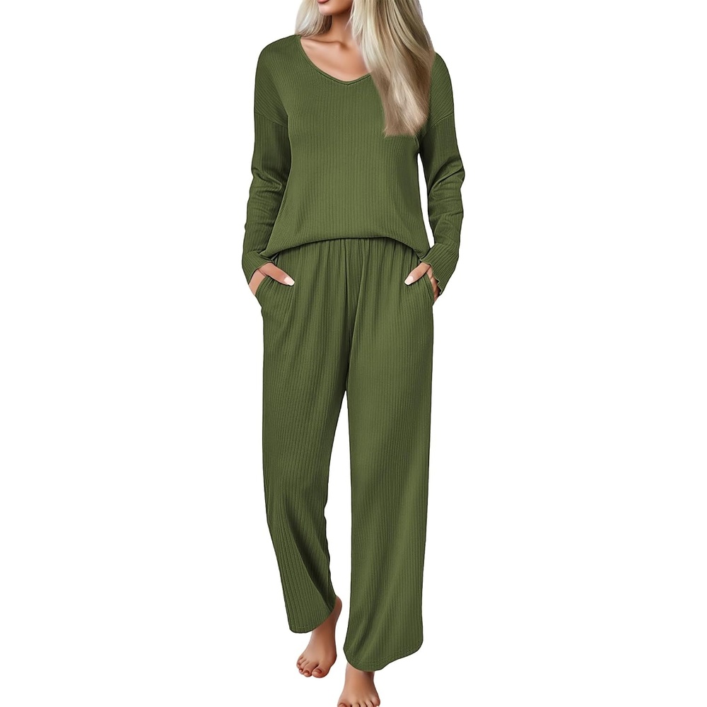 image:imageEkouaer Womens Pajama Set Ribbed Knit PJs Comfy Long Sleeve Top and PantsArmy Green