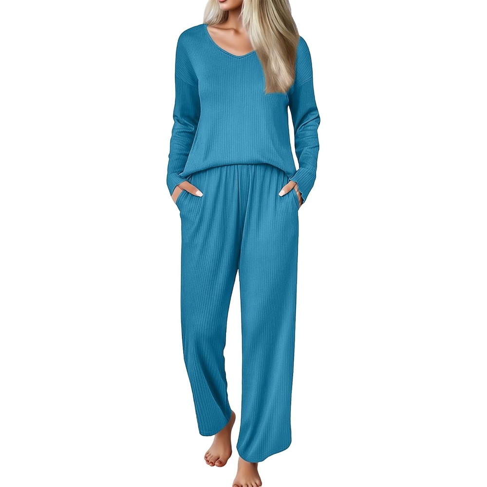 image:imageEkouaer Womens Pajama Set Ribbed Knit PJs Comfy Long Sleeve Top and PantsLake Blue