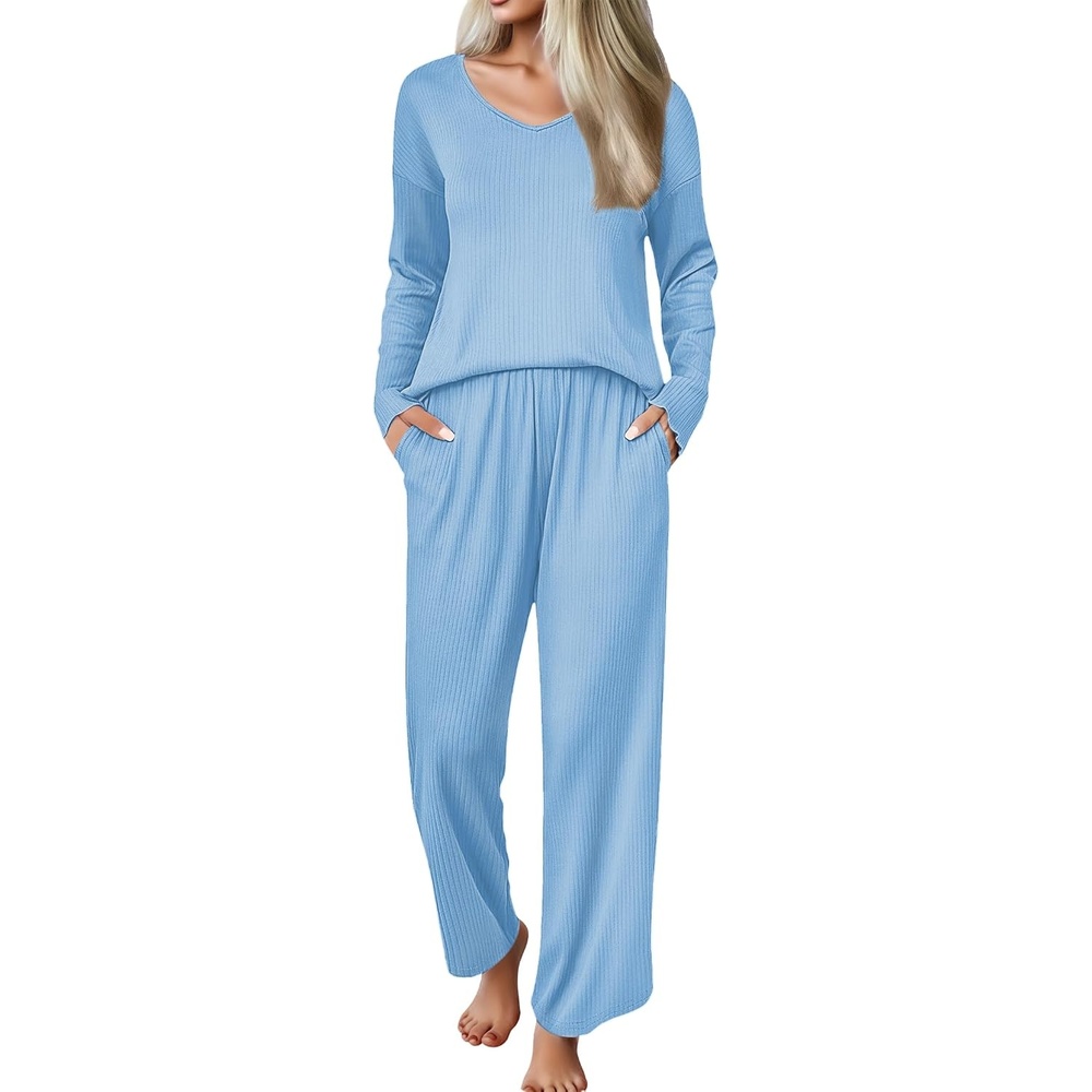 image:imageEkouaer Womens Pajama Set Ribbed Knit PJs Comfy Long Sleeve Top and PantsLight Blue