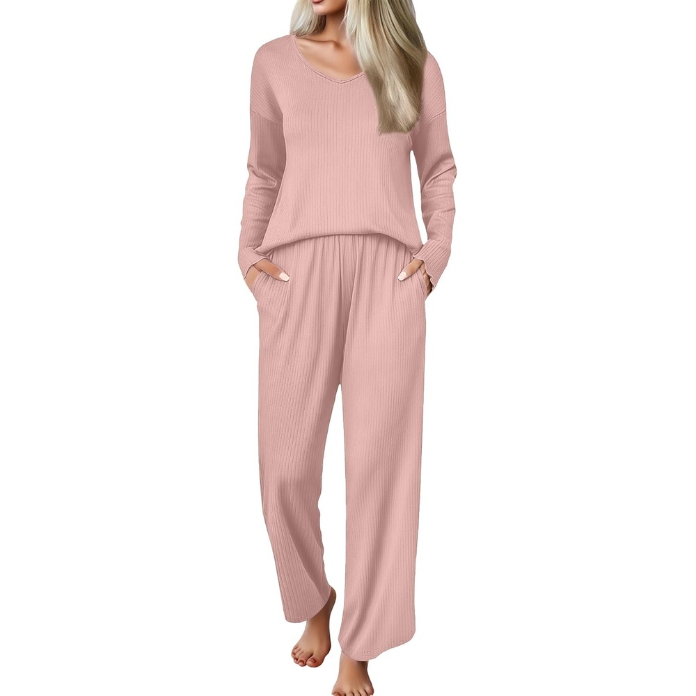 image:imageEkouaer Womens Pajama Set Ribbed Knit PJs Comfy Long Sleeve Top and PantsPink